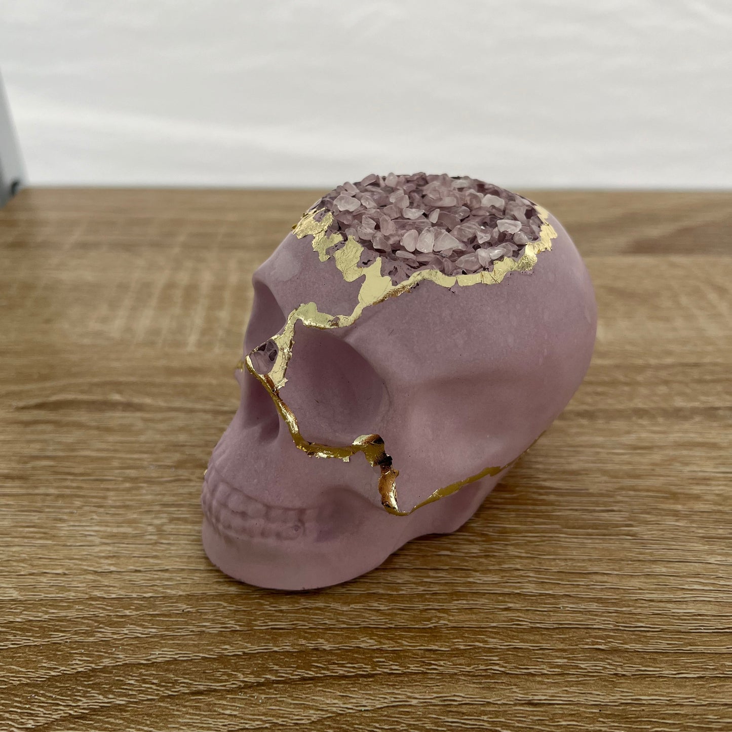 Halloween Skull Figurine in Pink with Gold & Rose Quartz crystals. Love Nene Halloween Decor.