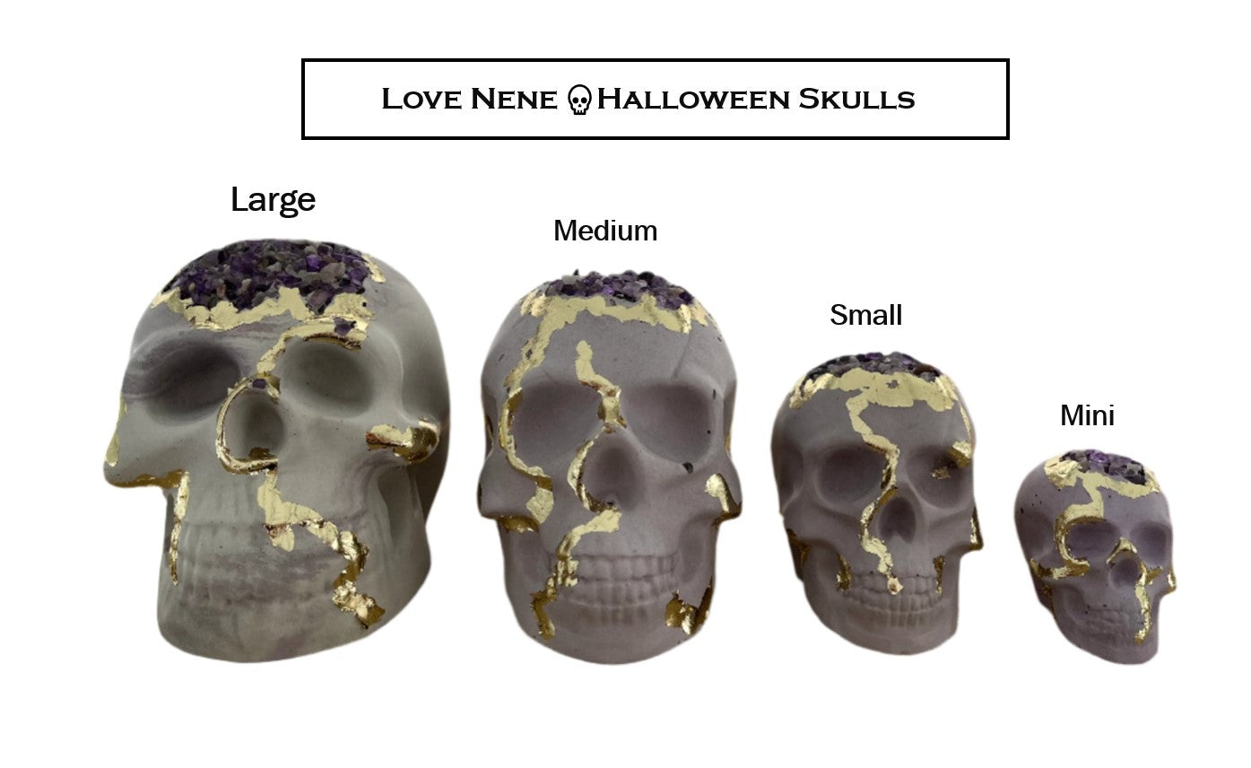 Halloween Skull Set with Gold Details and Amethyst all size options. Halloween Decor by Love nene