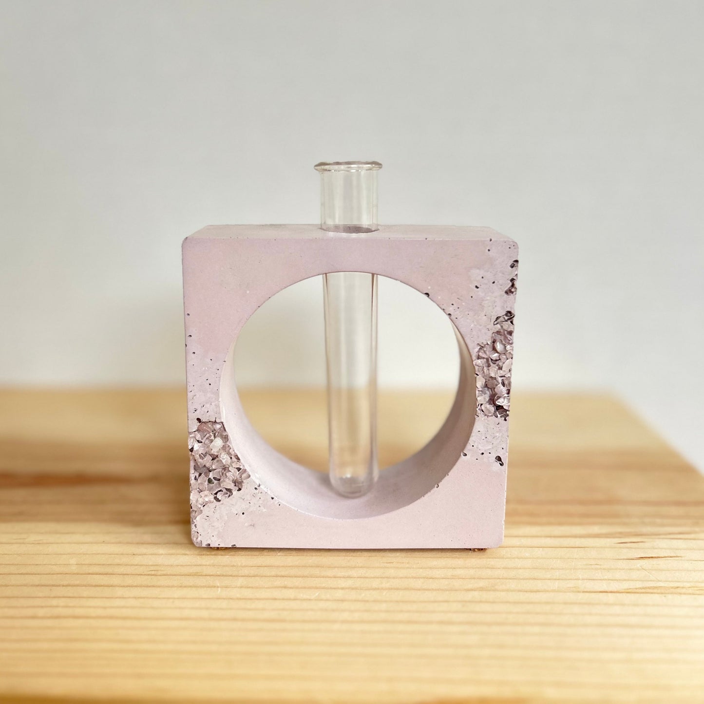 Square cement propagation station in pink with rose quartz.