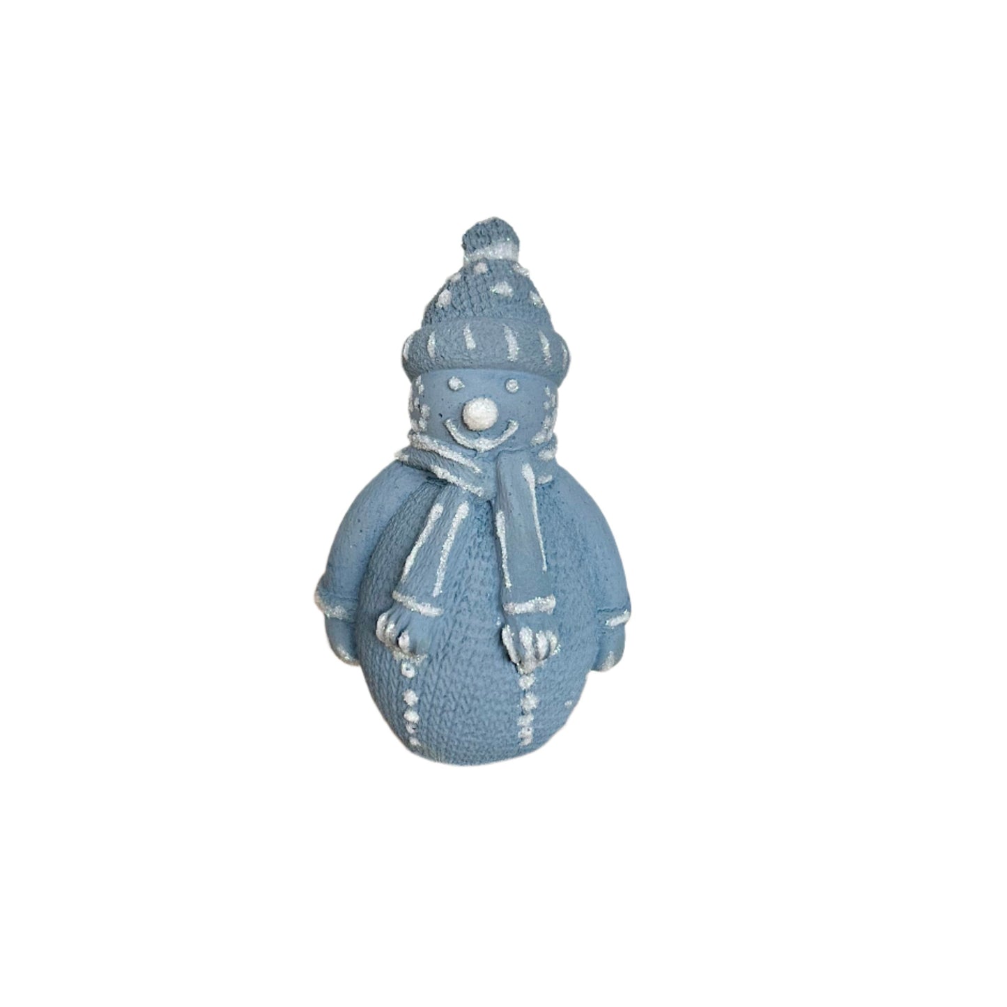Cement Winter Snowman with snowflake scarf, in ice blue. Love Nene concrete snowman decor.