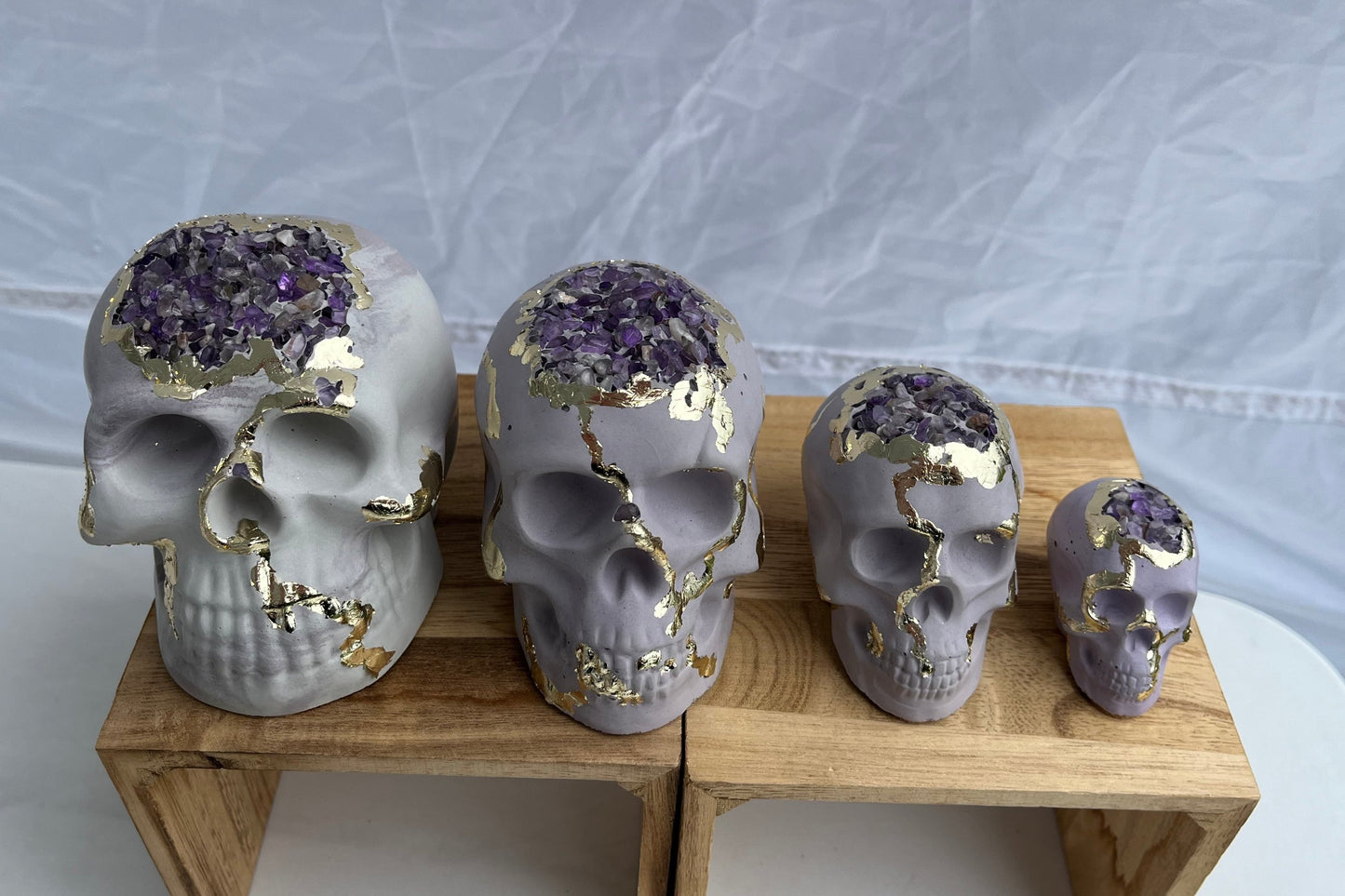 Halloween Skull Figurine with Gold & Amethyst Crystals