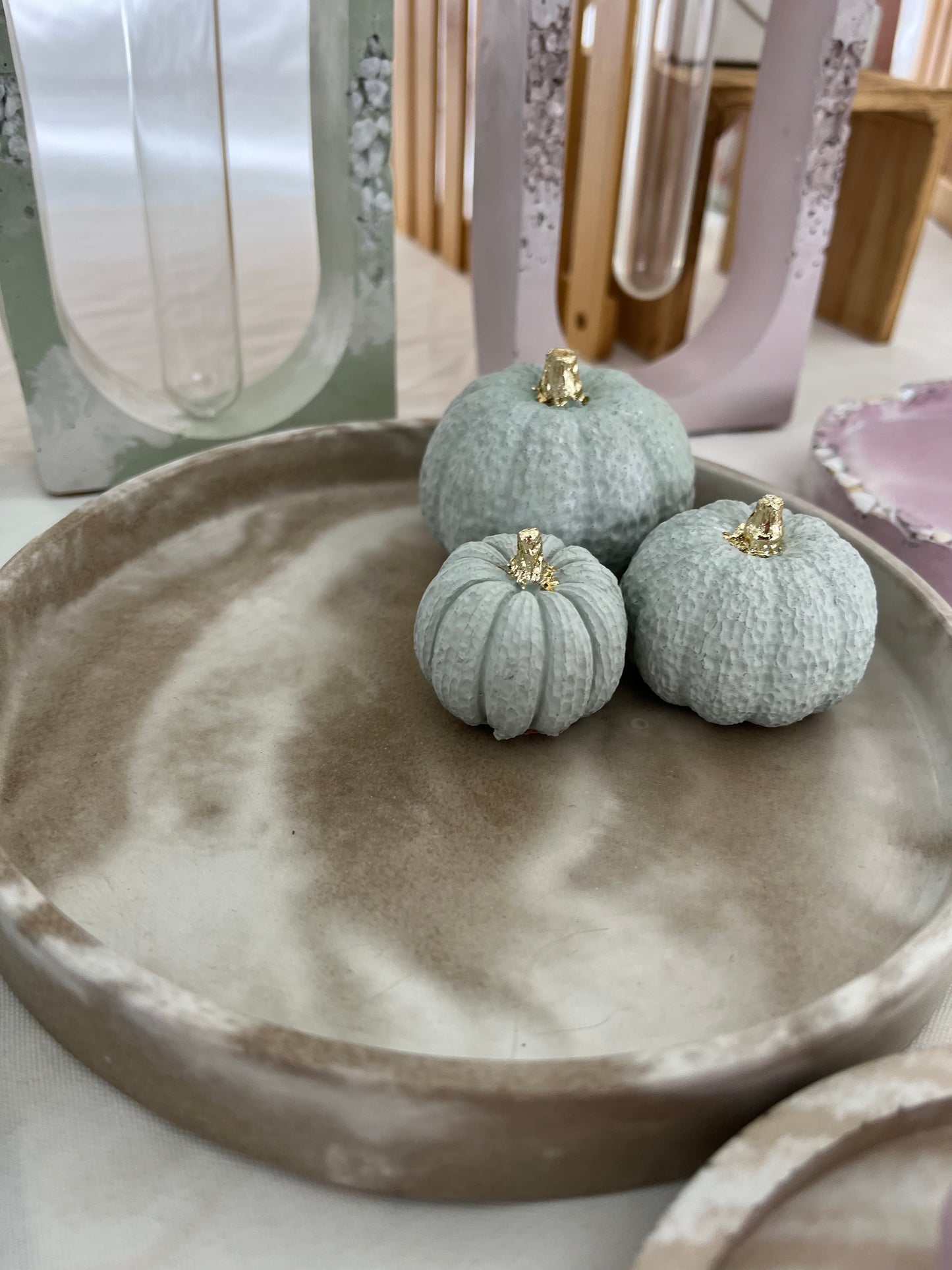 Halloween Set of Pumpkins in Light Green on a Tan Marbled Cement Tray. Love Nene Cement Decor.