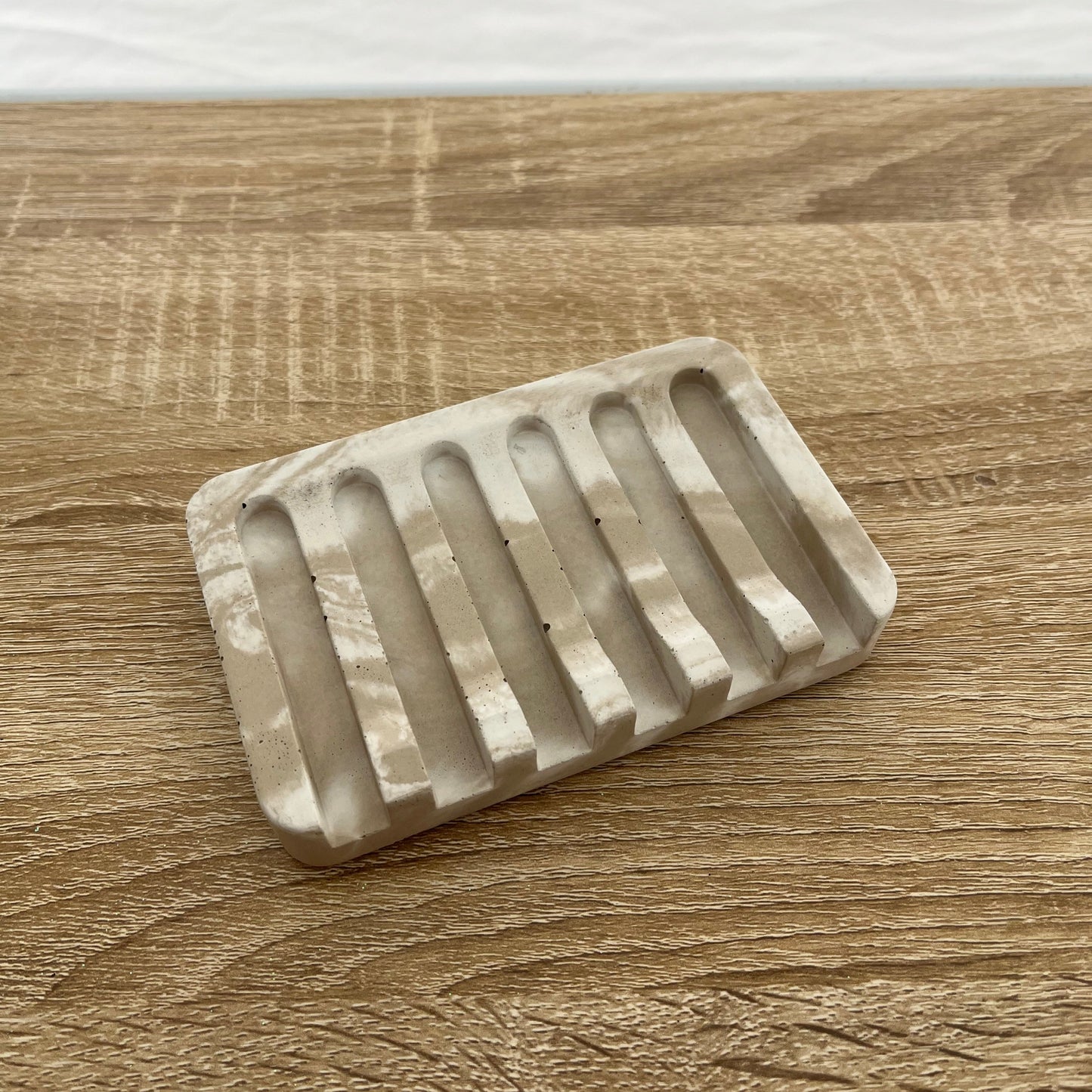 Concrete Soap Dish with Angled Drainage in marbled tan. Love Nene Soap Dishes.