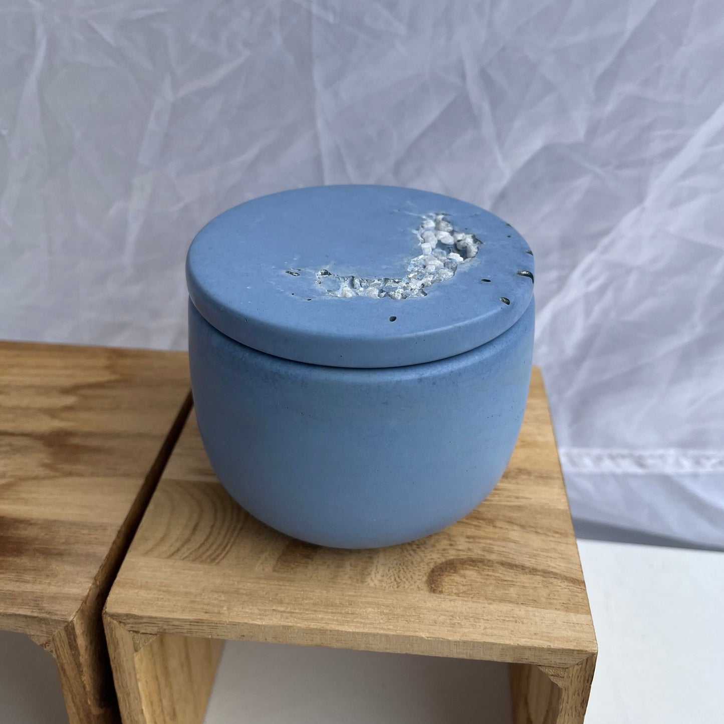 Smooth jar with stone detailed lid in Provence blue. Cement jars by Love Nene.