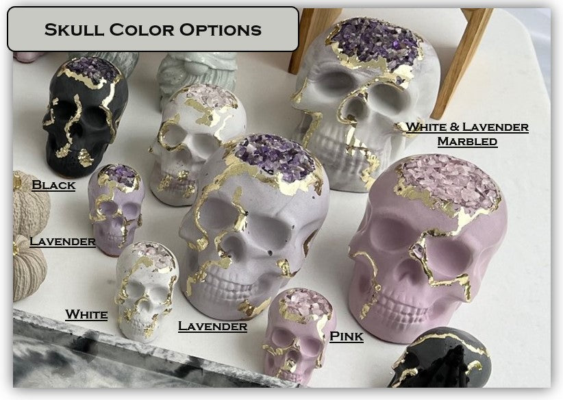 Halloween Skull Figurine with Gold & Rose Quartz Crystals