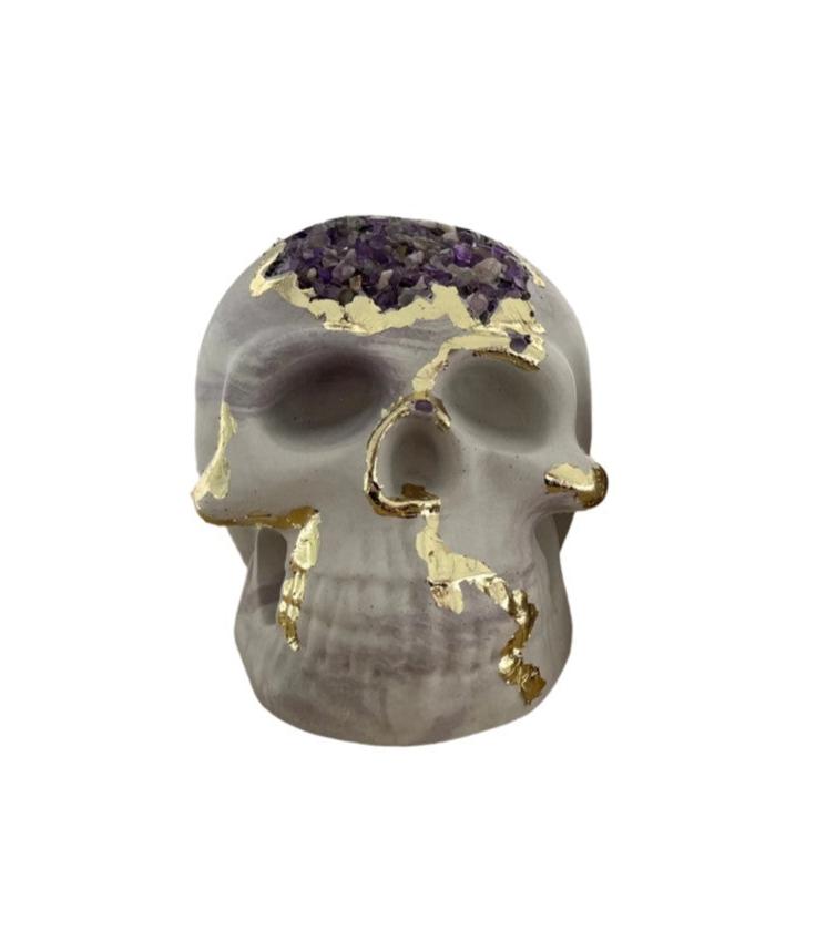 Halloween Skull Figurine in light purple and white with amethyst crystals