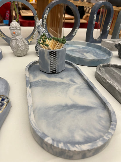 Cement octagon match holder in marbled ice blue