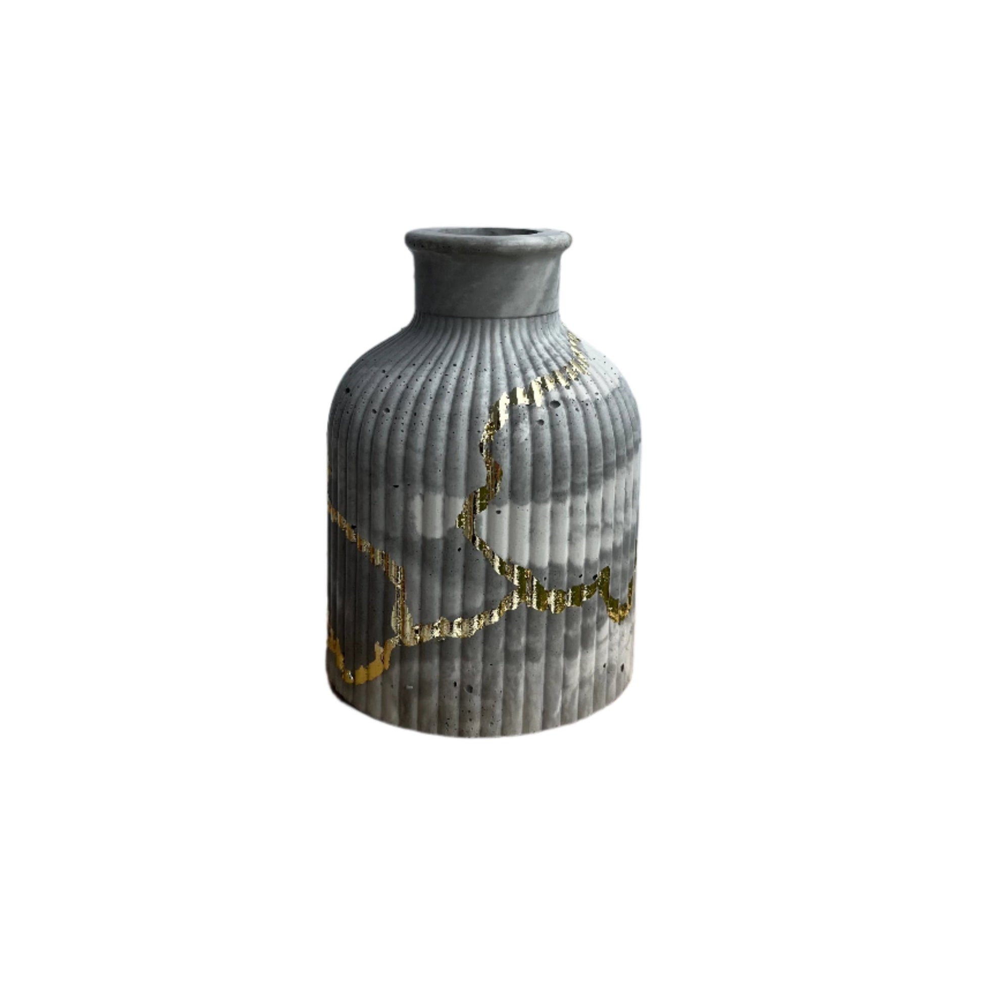 Cement Striped Vase in Grey Marbled with Gold Details