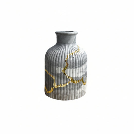 Cement Striped Vase in Grey Marbled with Gold Details