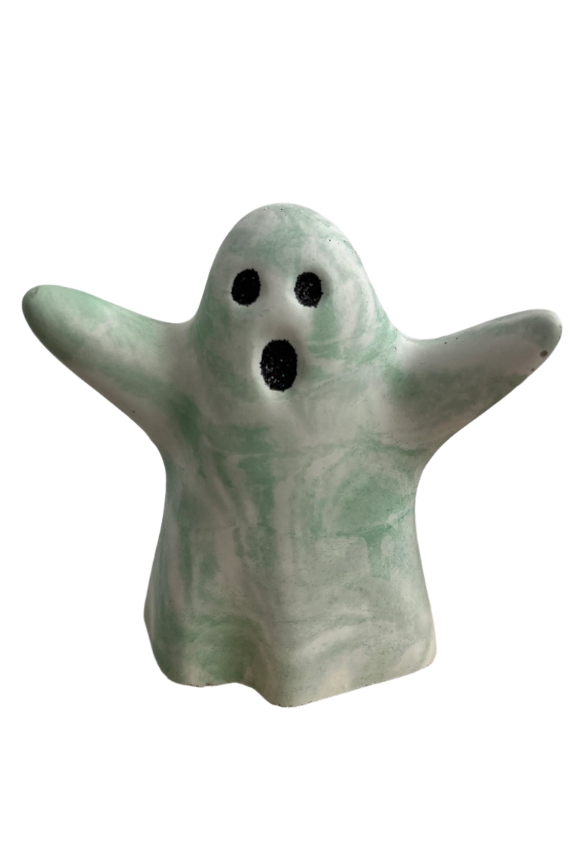 Halloween Ghost Figurine green and white marbled with Black Eyes. Love Nene cement Halloween Ghost decor.