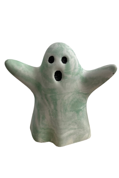 Halloween Ghost Figurine green and white marbled with Black Eyes. Love Nene cement Halloween Ghost decor.