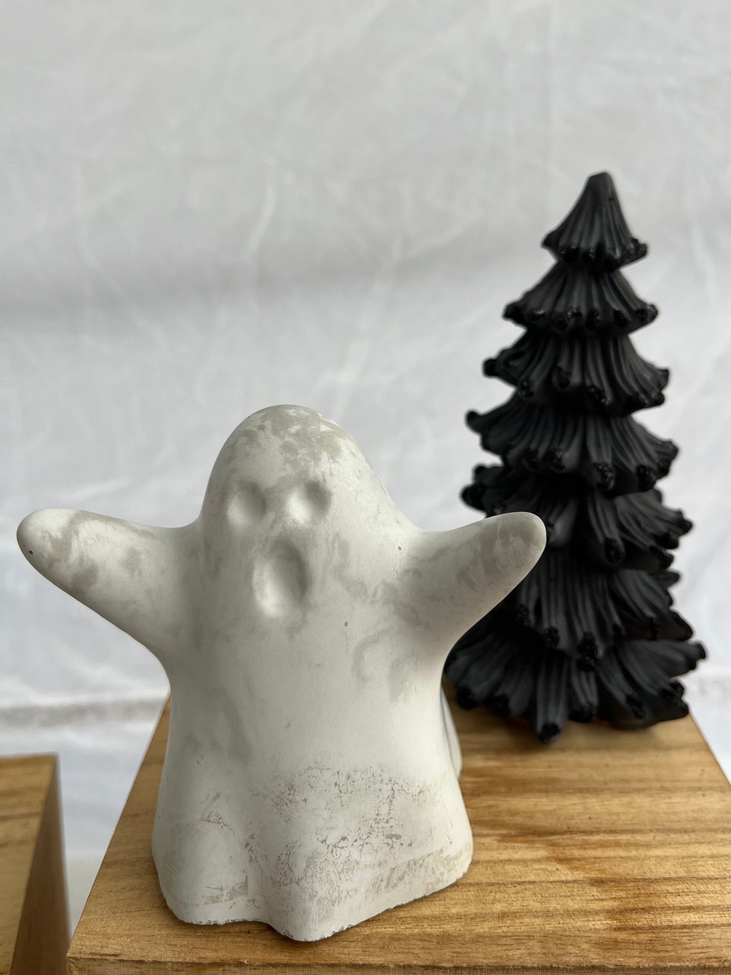 Halloween Ghost Figurine with Halloween Black Tree. Love Nene Cement Halloween and Fall decor.