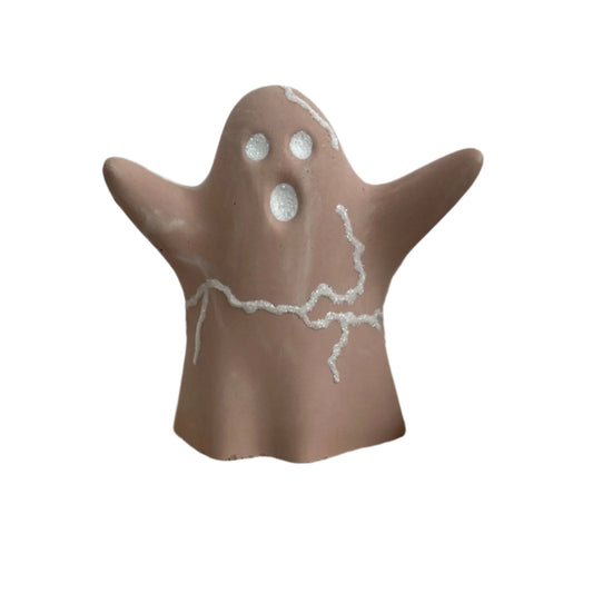 Halloween Ghost Figurine with Lightning Strike in dusty terracotta.