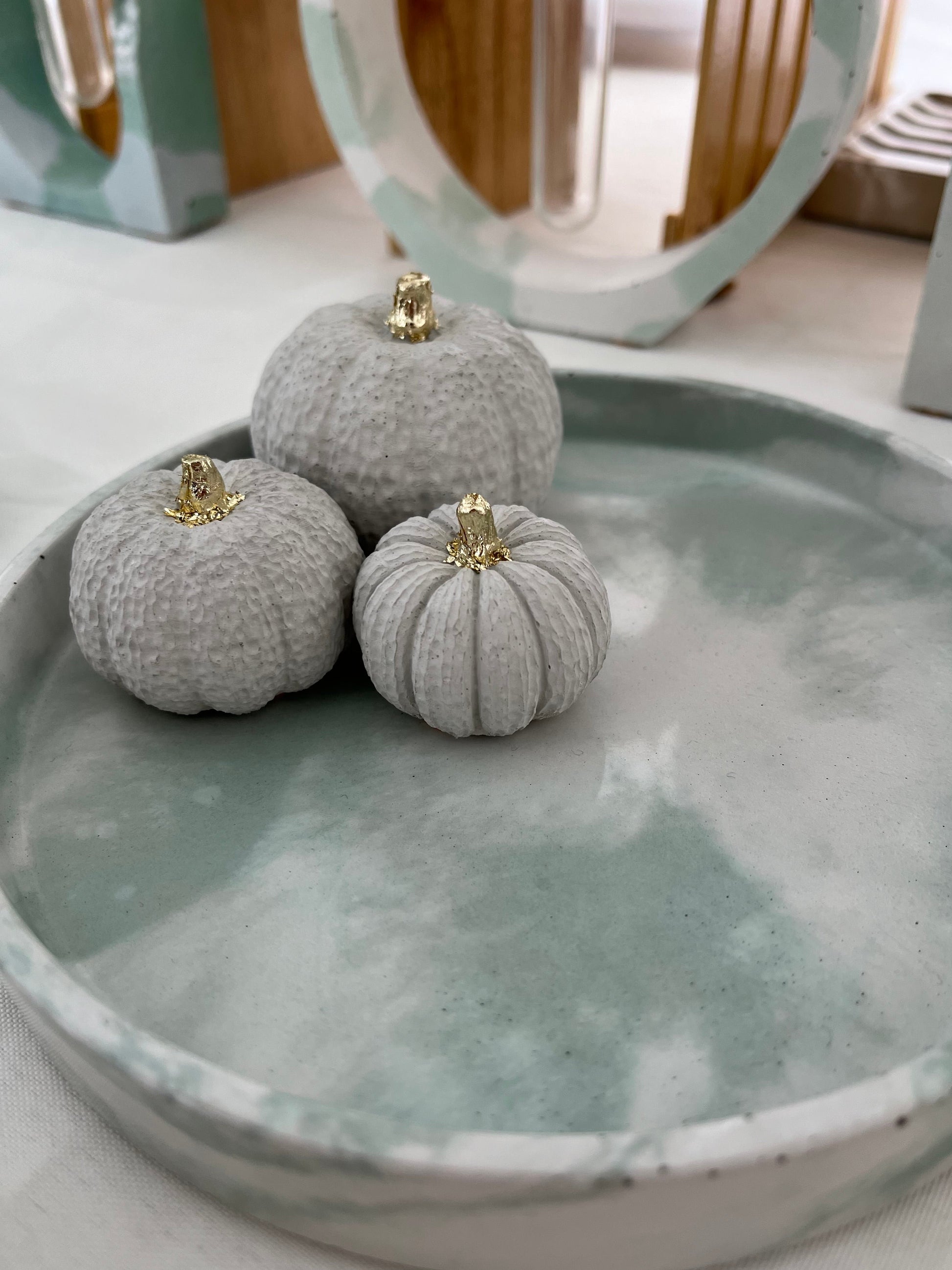 Halloween Set of Pumpkins in Cream on a Light Green and Cream Concrete Tray. 