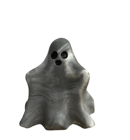 Halloween Sheet Ghost Figurine in charcoal and white marbled.