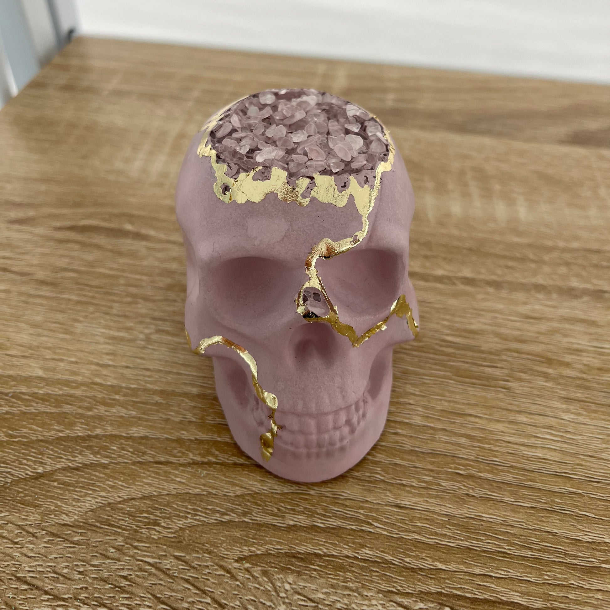 Halloween Skull Figurine in Pink with Gold & Rose Quartz Crystals. Love Nene Fall Decor.