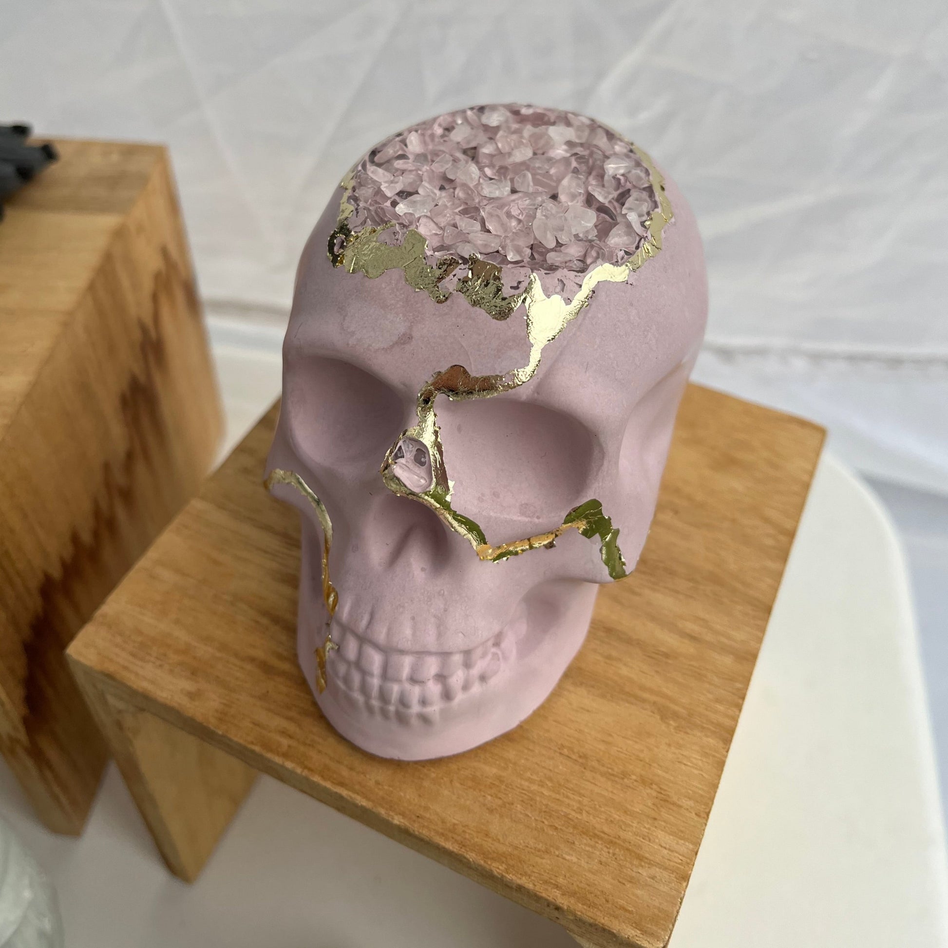 Halloween Skull Figurine with Gold & Rose Quartz Crystals.