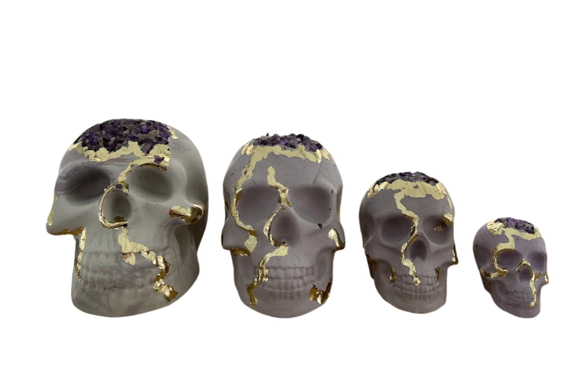 Halloween Skull Set with Gold Details and Amethyst all size options. Halloween Decor by Love nene