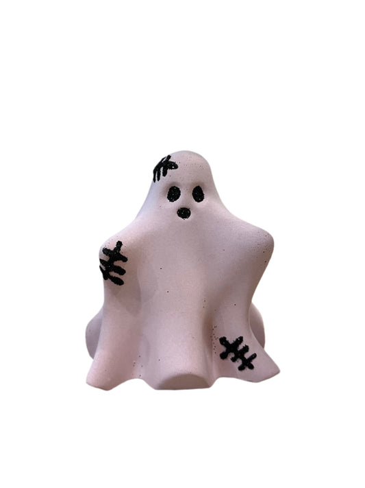 Halloween ghost figurine in pink with stitches. Love Nene Halloween decor.