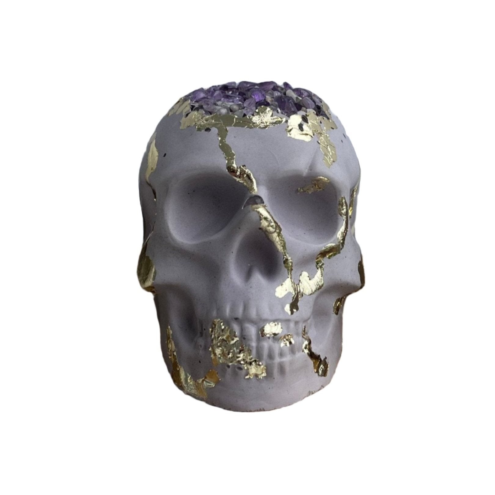 Halloween skull in lavender with amethyst crystals. Love Nene Skull Decor.