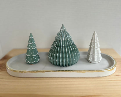 Fraser Fir Cement Tree in hunter green and cream, and Hemlock tree in hunter green. Love Nene Concrete tabletop Trees & Christmas Decor.