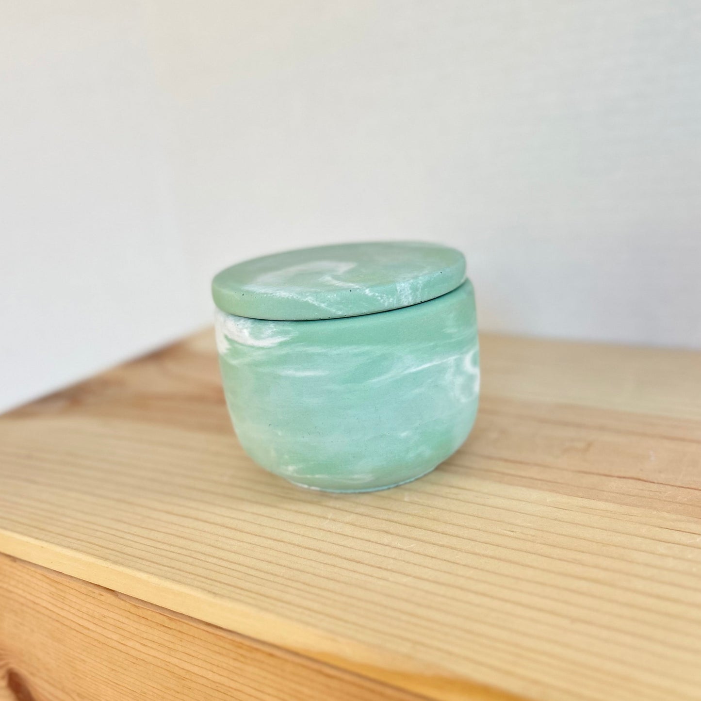 Cement Smooth Jar with Lid in marbled  green. Love Nene cement jars.