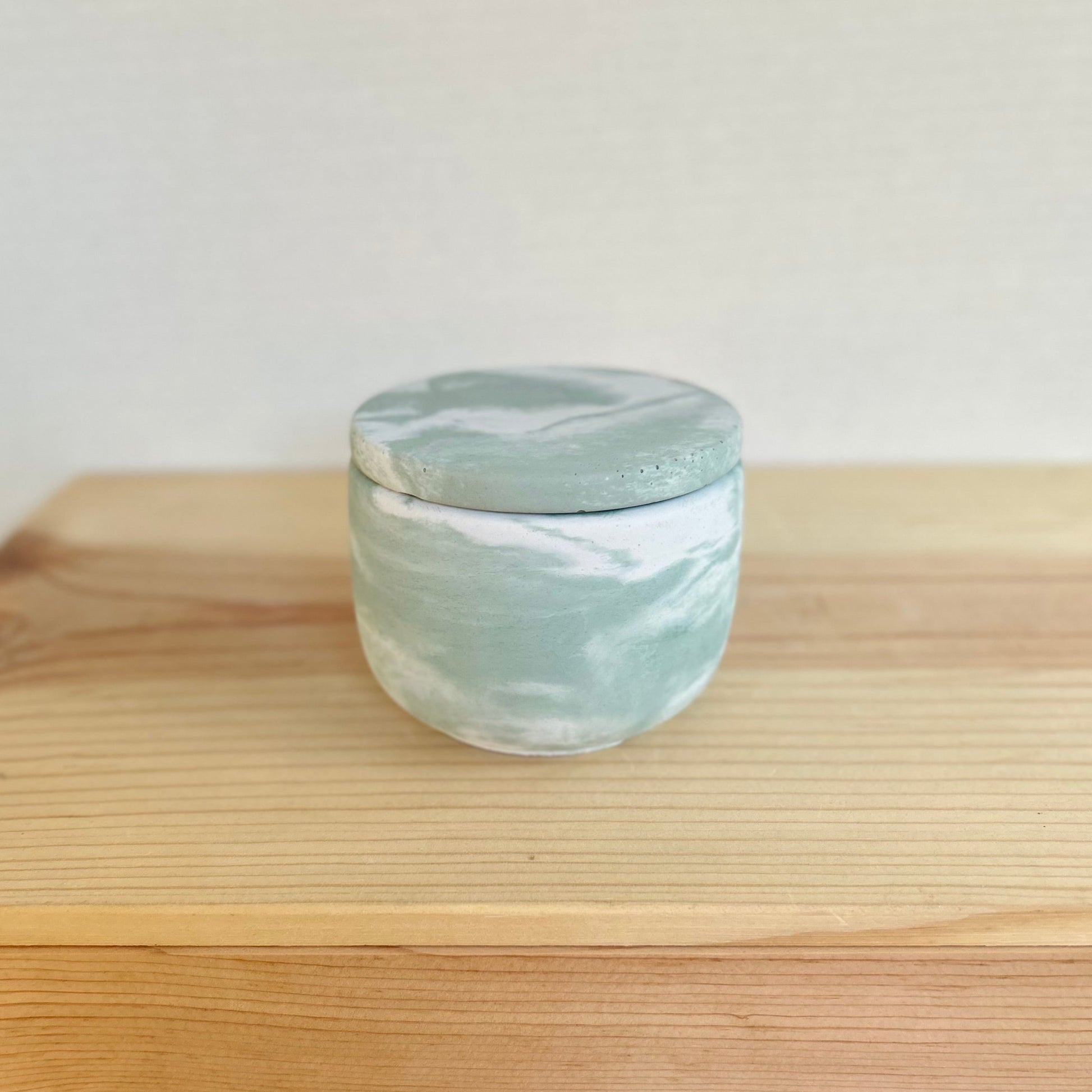 Cement Smooth Jar with Lid in marbled light green. Love Nene cement jars.