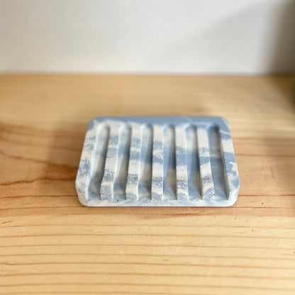 Concrete Soap Dish with Angled Drainage in marbled ice blue. Sponge holders and soap dishes by Love Nene. 