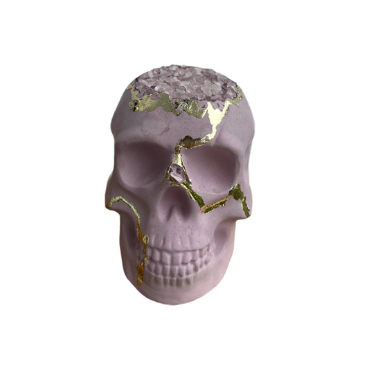 Halloween Skull Figurine in Pink with Gold & Rose Quartz Crystals. 