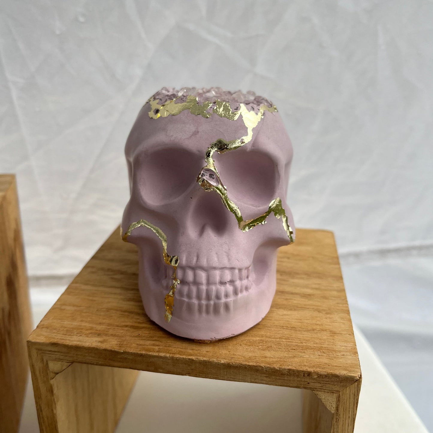 Skull Figurine in pink with Gold & Rose Quartz. Love Nene Halloween Decor.