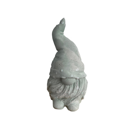 Cement Gnome Figurine in light green and cream marbled with glitter details.