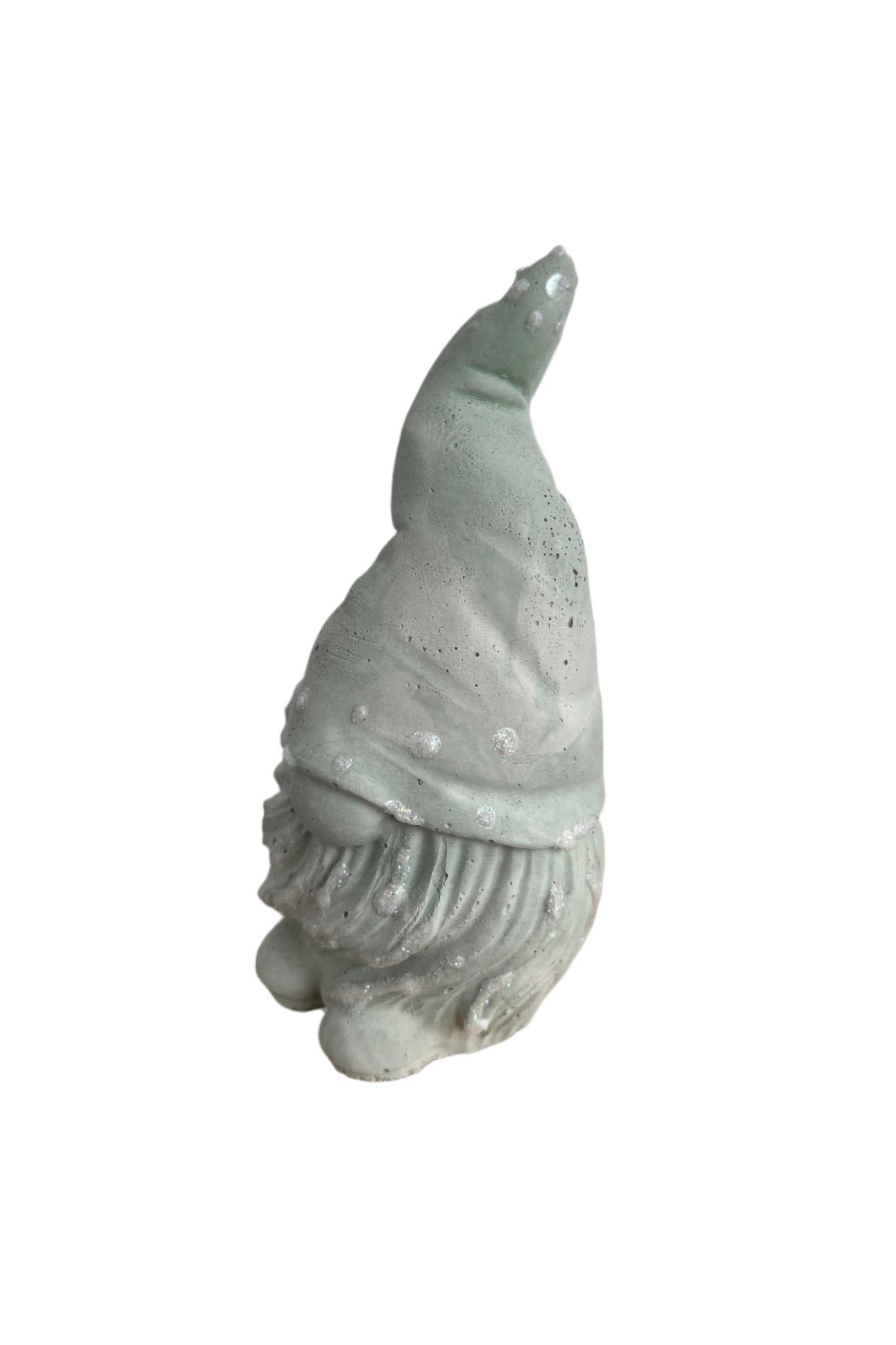 Cement Gnome Figurine in light green and cream marbled with glitter details, side angle. 