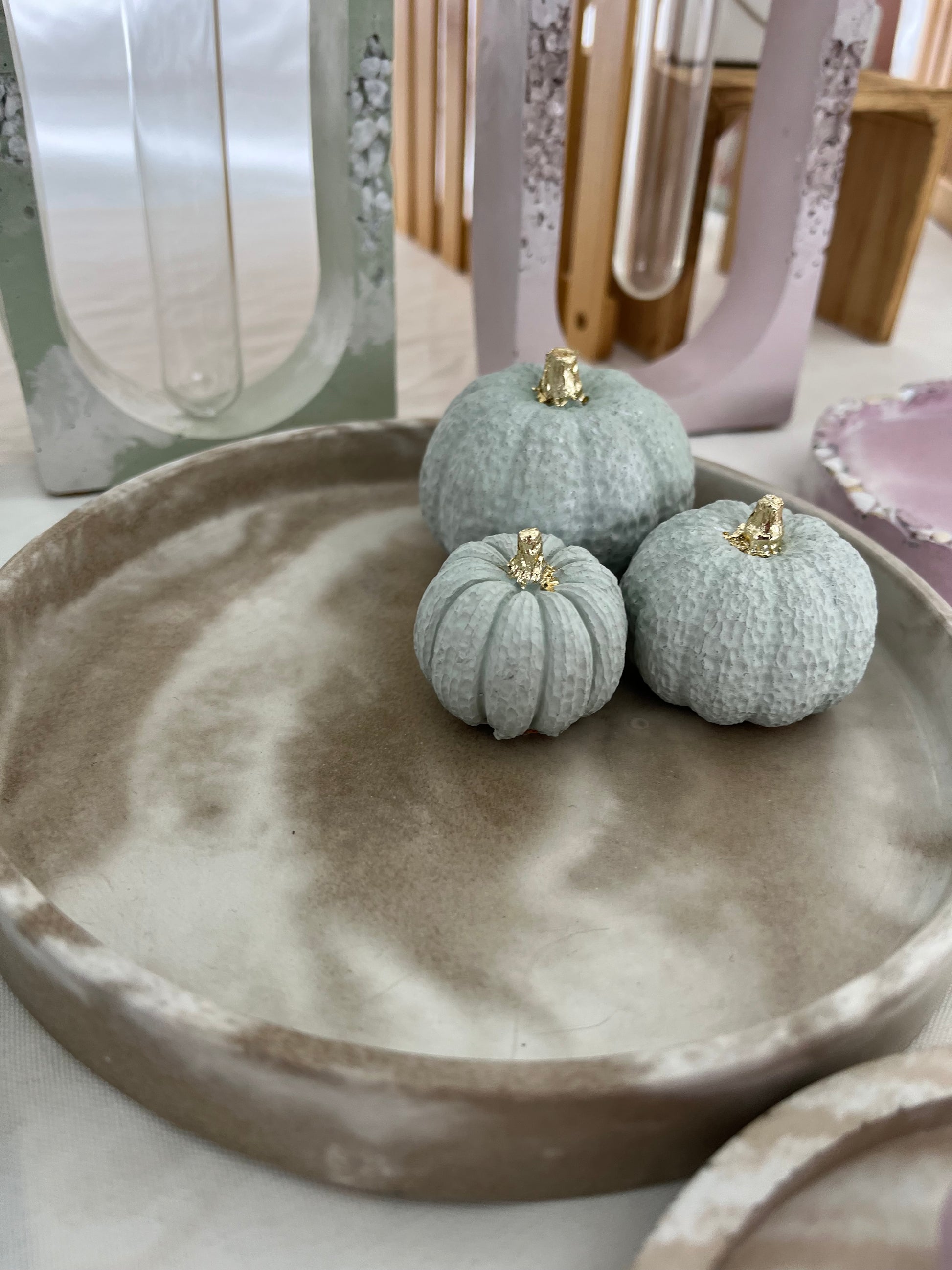 Halloween Set of Pumpkins in Light Green on a Tan Marbled Cement Tray. Love Nene Cement Decor.