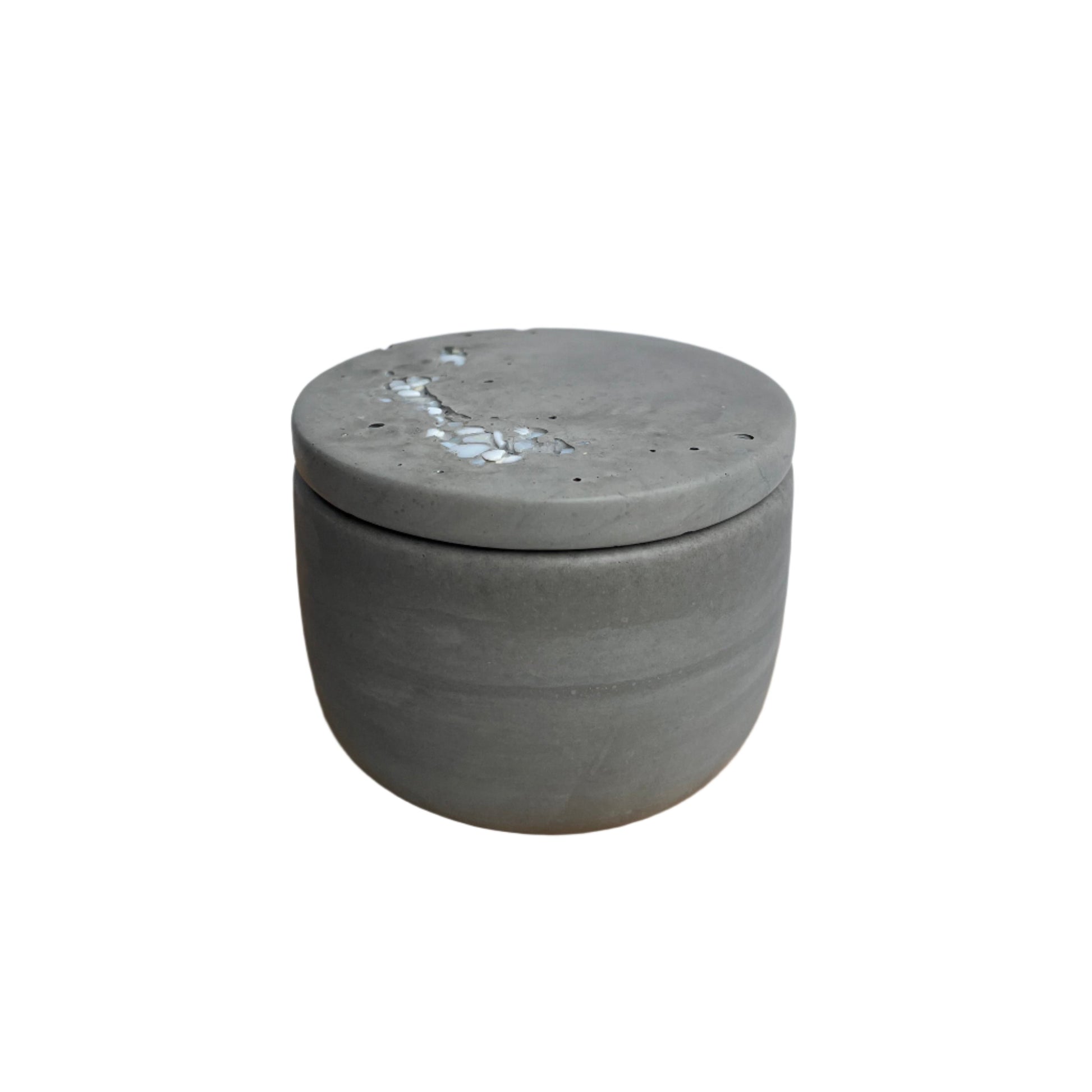 Smooth jar with lid and shell details in grey. Cement jars by Love Nene.