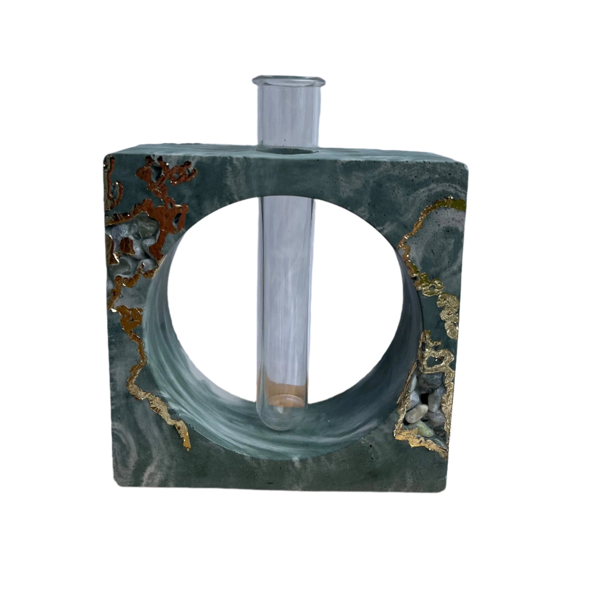 Square Propagation Station in Dark Green Marbled with Gold and Stone details. 