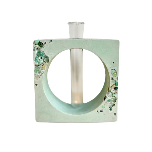 Square concrete propagation station in light green with amethyst crystals. 