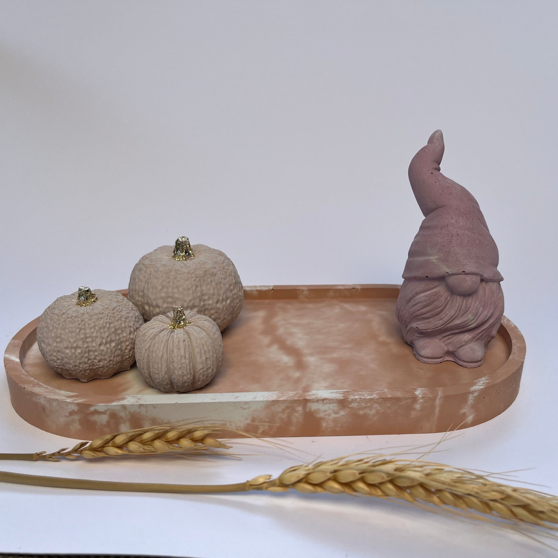 Halloween Pumpkin set in tan and Gnome Figurine in pink on tray by Love Nene. Love Nene Seasonal Decor.