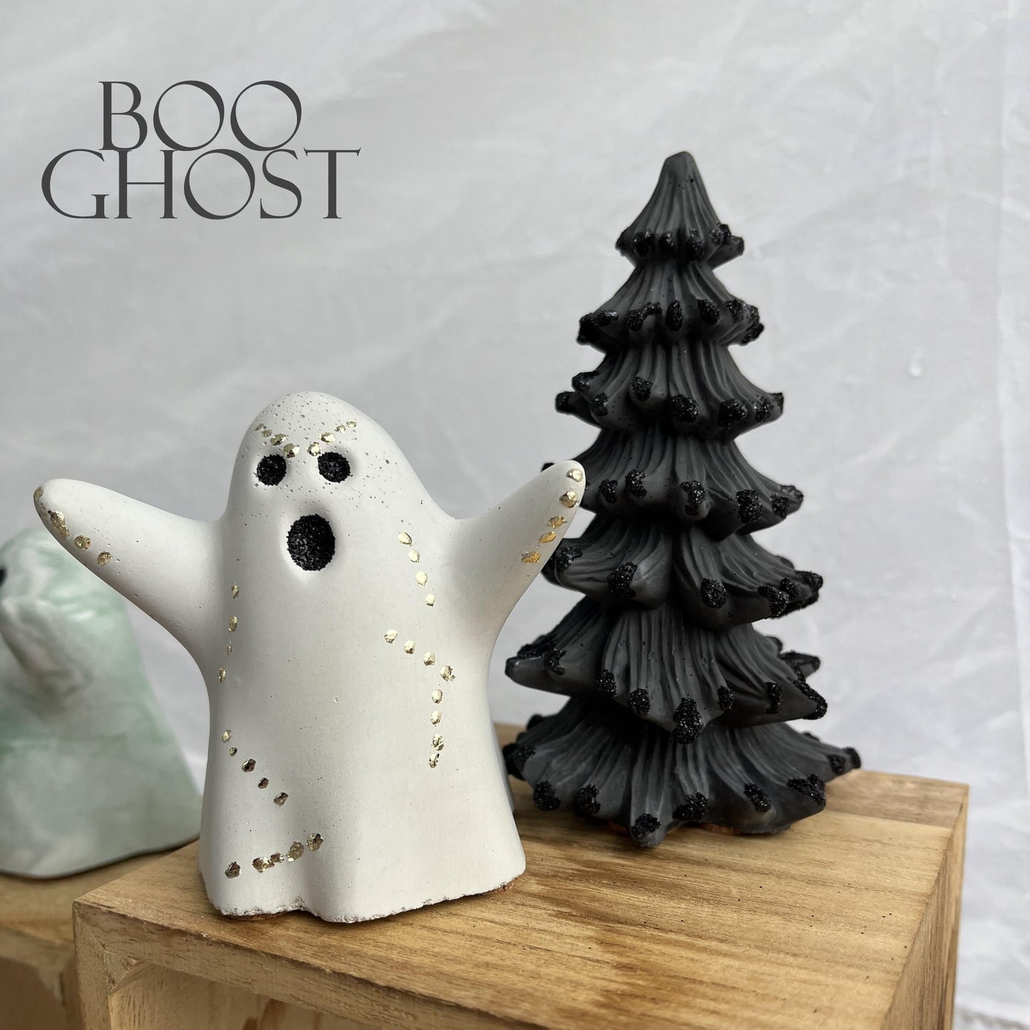 Halloween Boo Ghost Figurine in white with gold. Love Nene Halloween Decor.