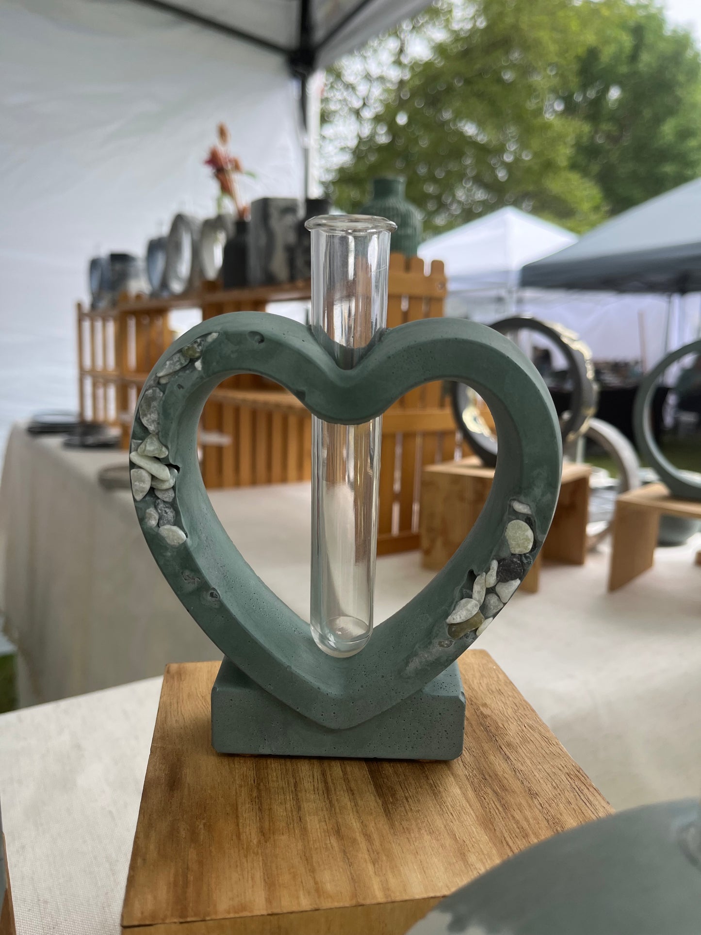 Cement Heart Propagation Home Decor with stone inlay, bud vase for flowers or cuttings