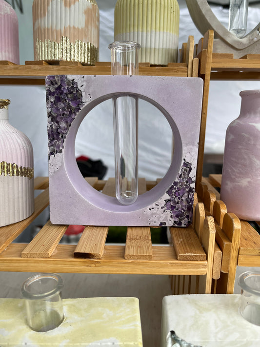 Square cement propagation station in lavender with amethyst. 