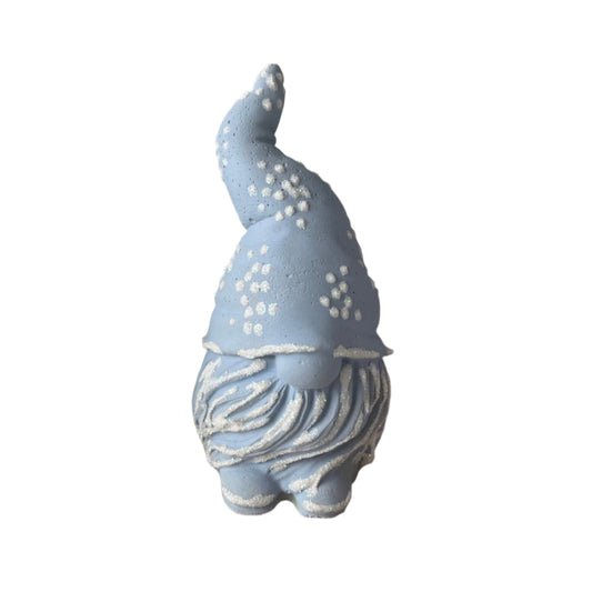 Small Cement Gnome Figurine in ice blue with hand added details.