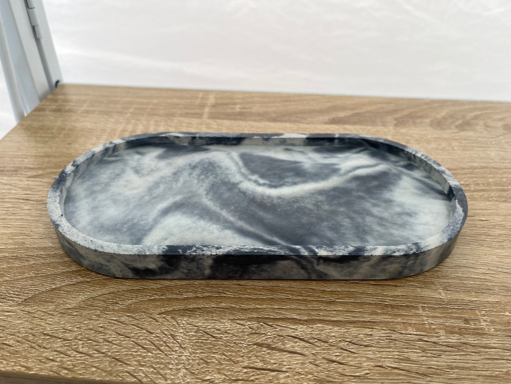 Concrete Long Oval Tray in Dark Blue and Cream Marbled.