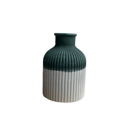 Small  striped cement vase in layered hunter green and cream.  Home decor and accessories by Love Nene.