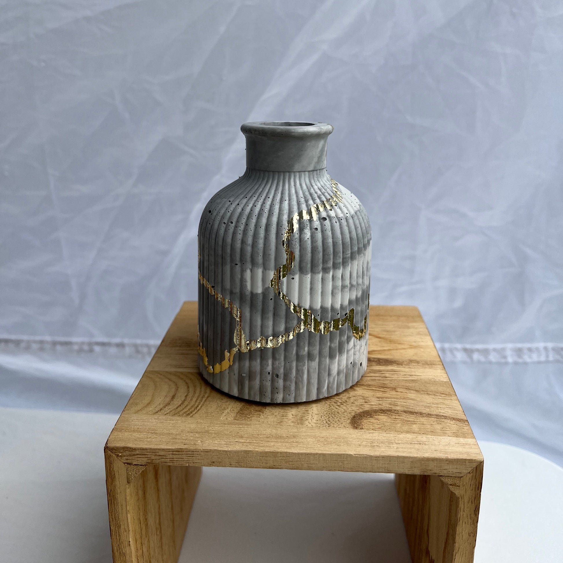 Cement Striped Vase in Grey Marbled with Gold Details