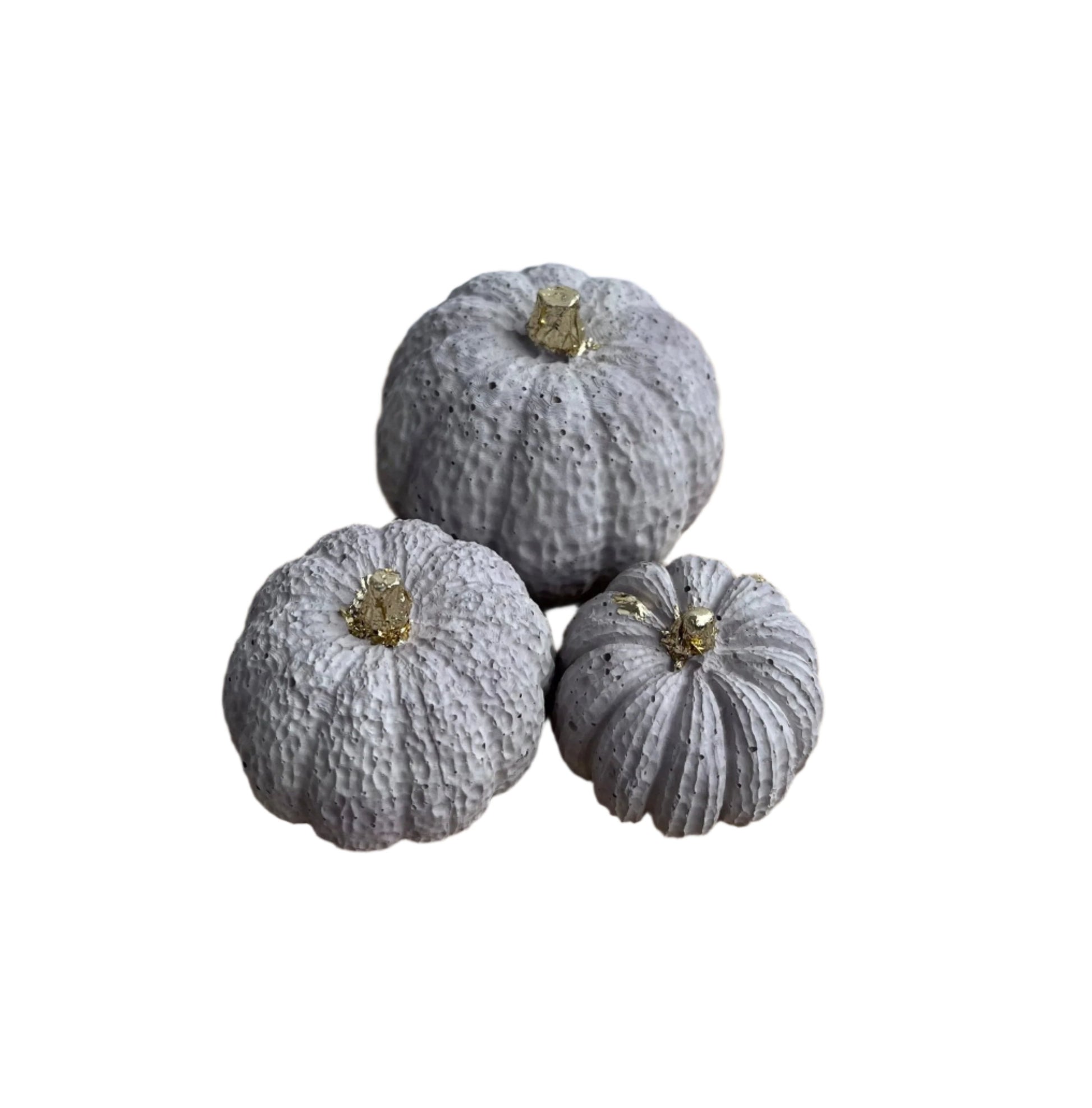 Halloween decor, small set of cement pumpkins in lavender.